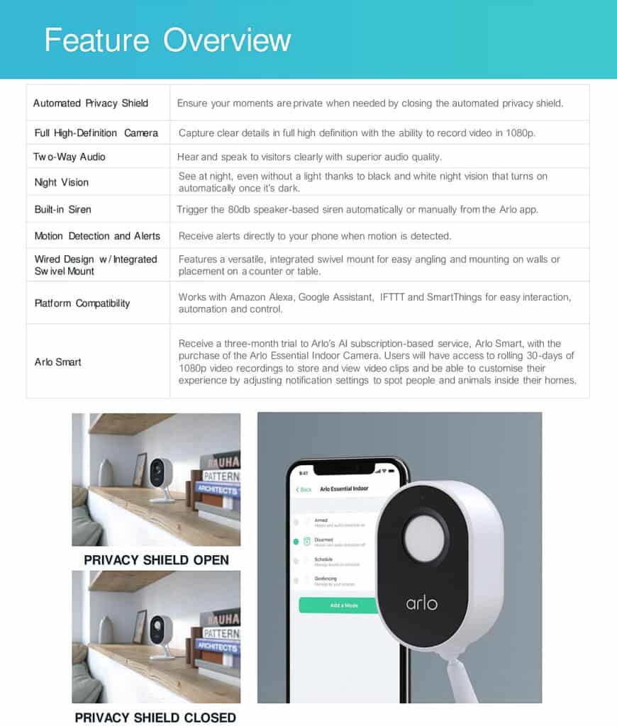 Arlo Essential Indoor Camera Automated Privacy Shield for Added Peace